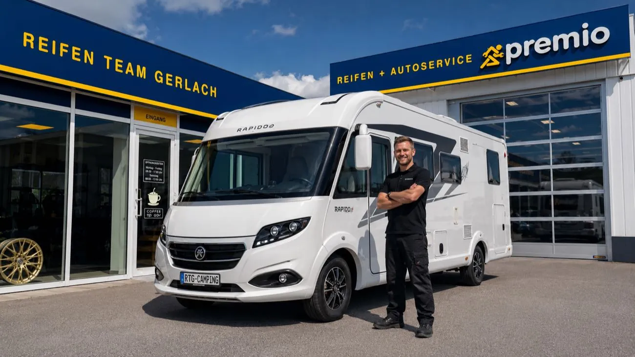 Wohnmobil-Werkstatt in Hilden – RTG-Camping-Techniker vor dem Reisemobil an der Filiale